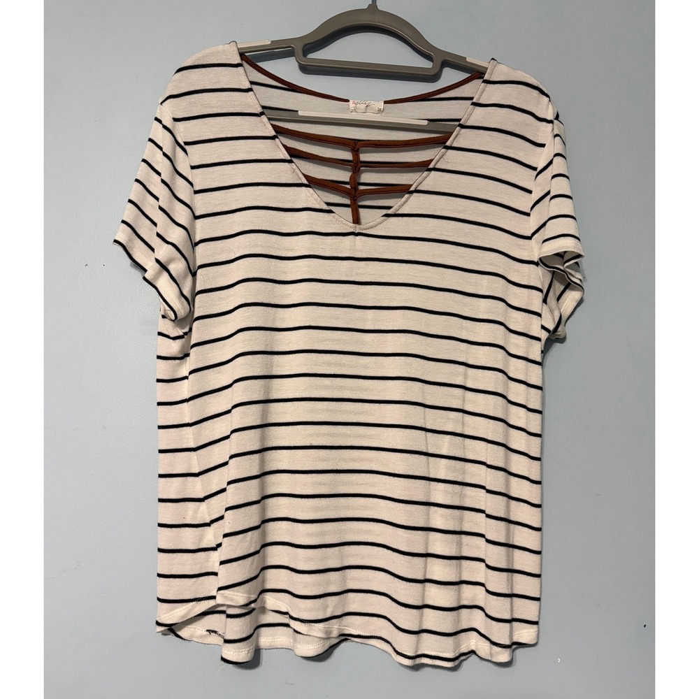 Glitz Women's 2X Striped Short Sleeve V-Neck T-Shirt w/ Strappy Cage Detail 2295